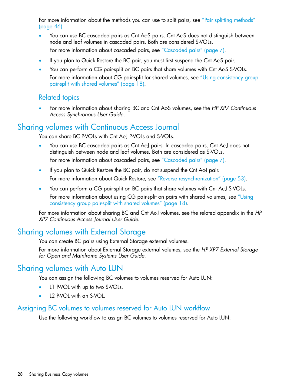 Sharing volumes with continuous access journal, Sharing volumes with external storage, Sharing volumes with auto lun | Related topics | HP XP Racks User Manual | Page 28 / 131