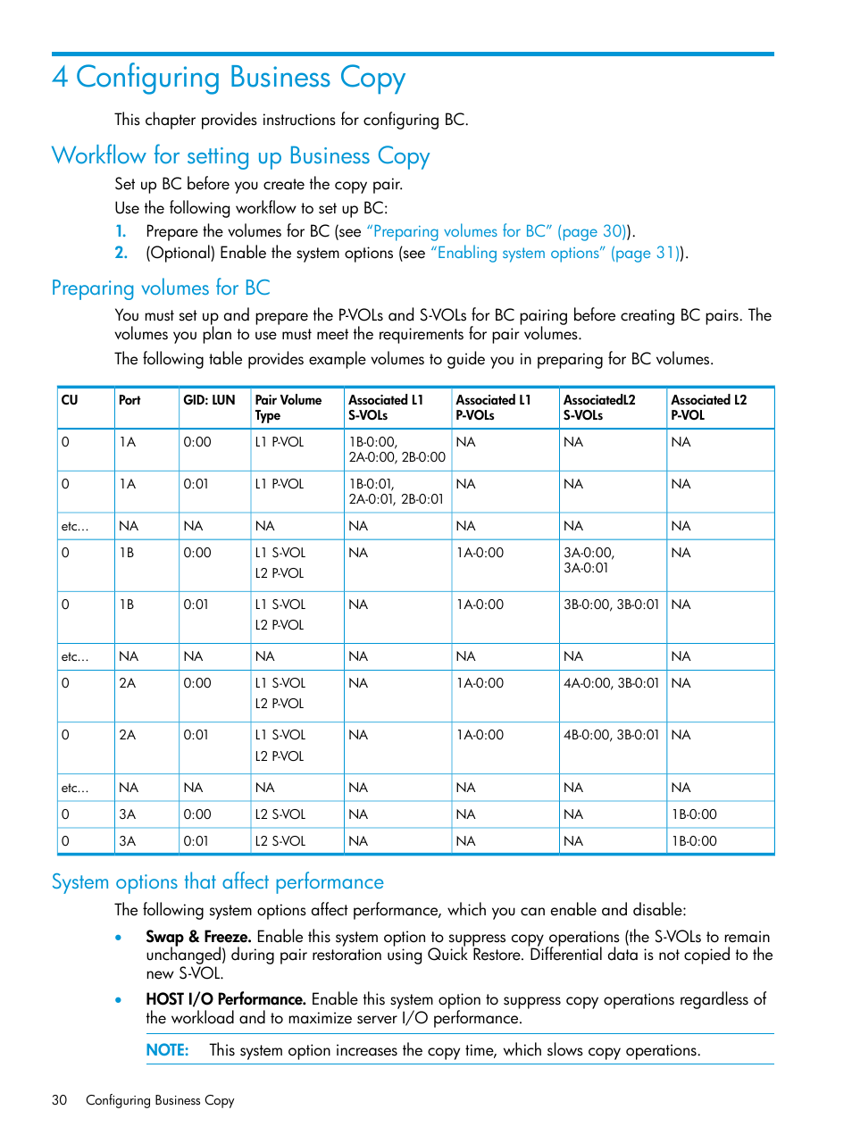 4 configuring business copy, Workflow for setting up business copy, Preparing volumes for bc | System options that affect performance | HP XP Racks User Manual | Page 30 / 131