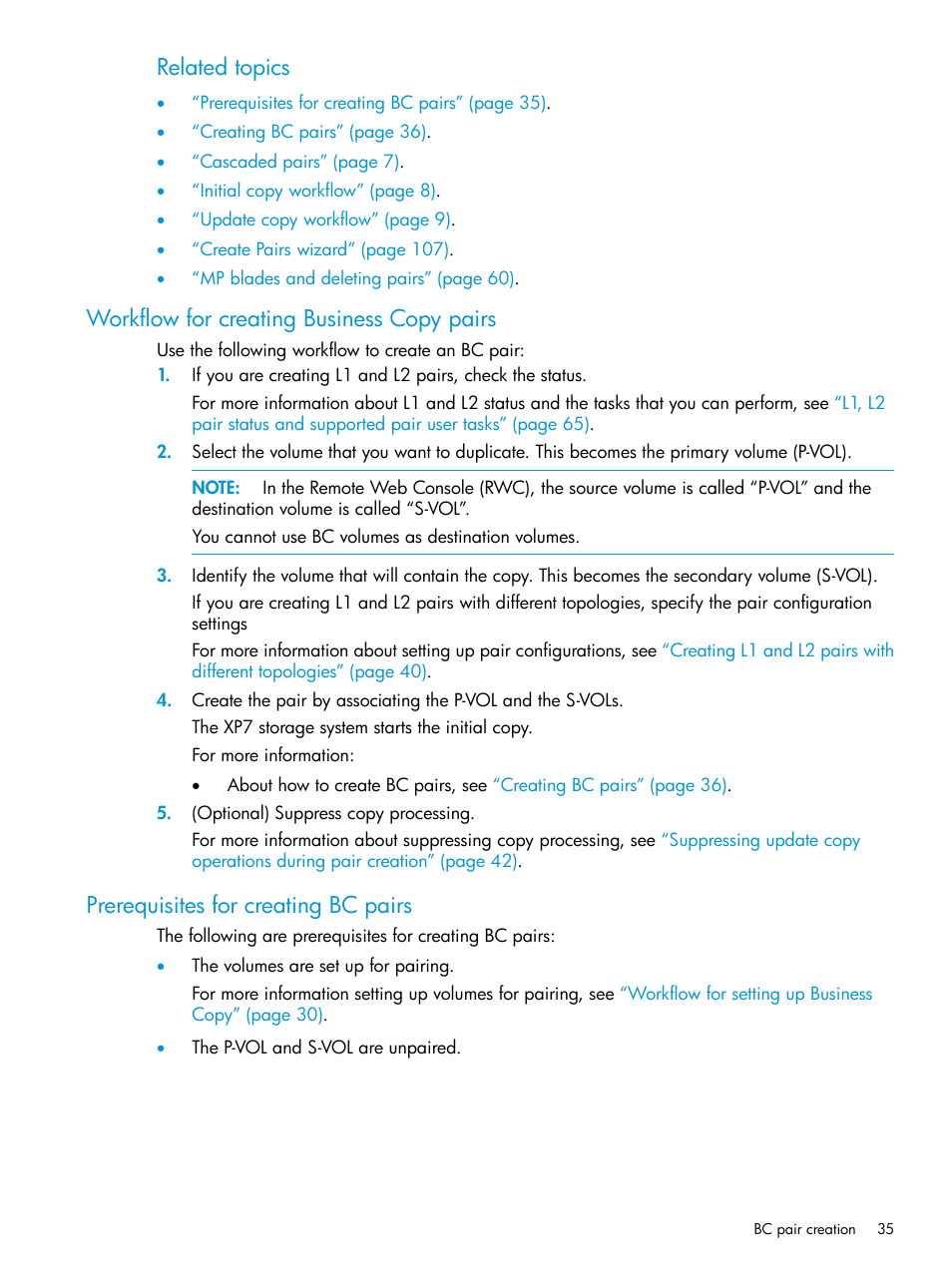 Workflow for creating business copy pairs, Prerequisites for creating bc pairs, Related topics | HP XP Racks User Manual | Page 35 / 131