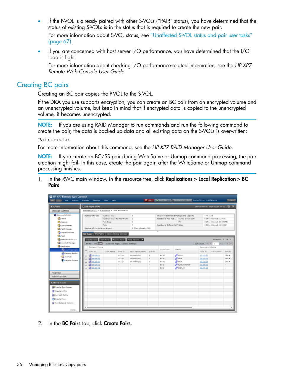 Creating bc pairs | HP XP Racks User Manual | Page 36 / 131