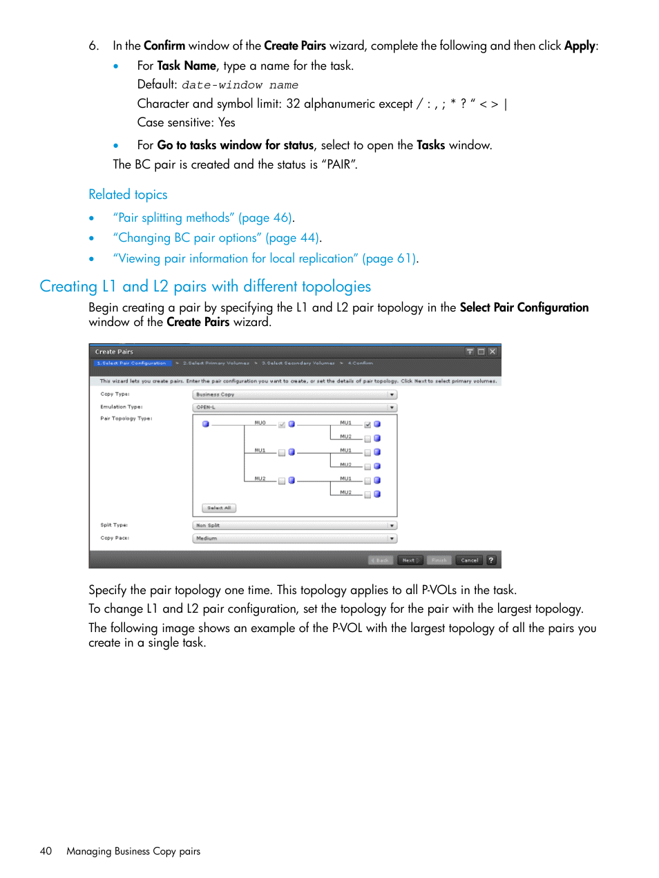 Creating l1 and l2 pairs with different topologies, Creating l1 and l2 pairs with, Creating l1 and l2 pairs | HP XP Racks User Manual | Page 40 / 131