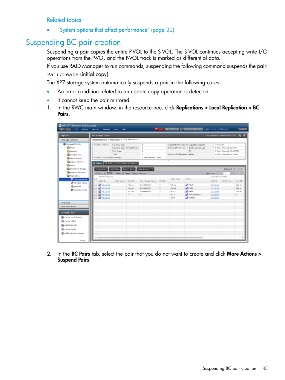 Suspending bc pair creation | HP XP Racks User Manual | Page 43 / 131