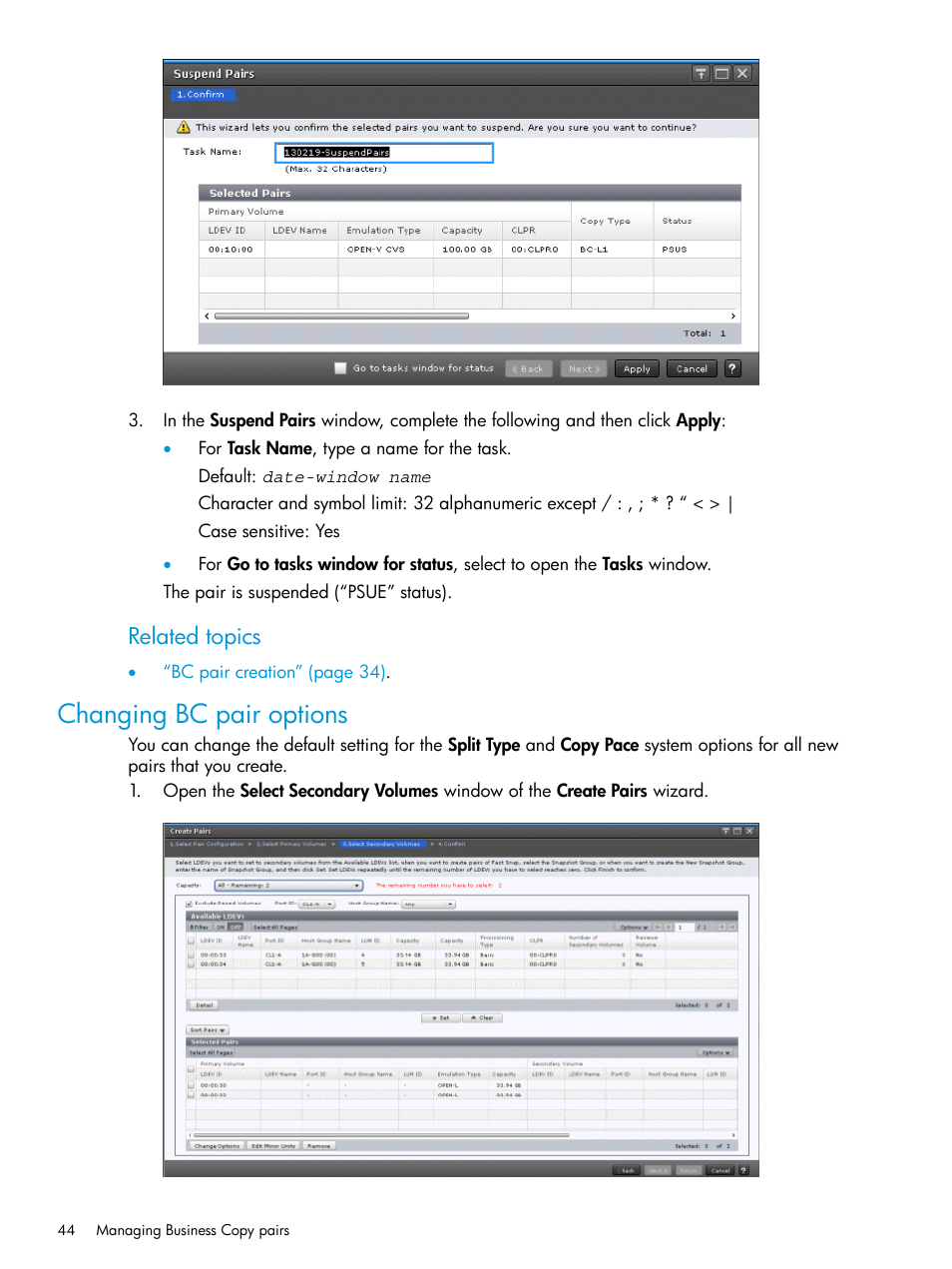 Changing bc pair options, Related topics | HP XP Racks User Manual | Page 44 / 131