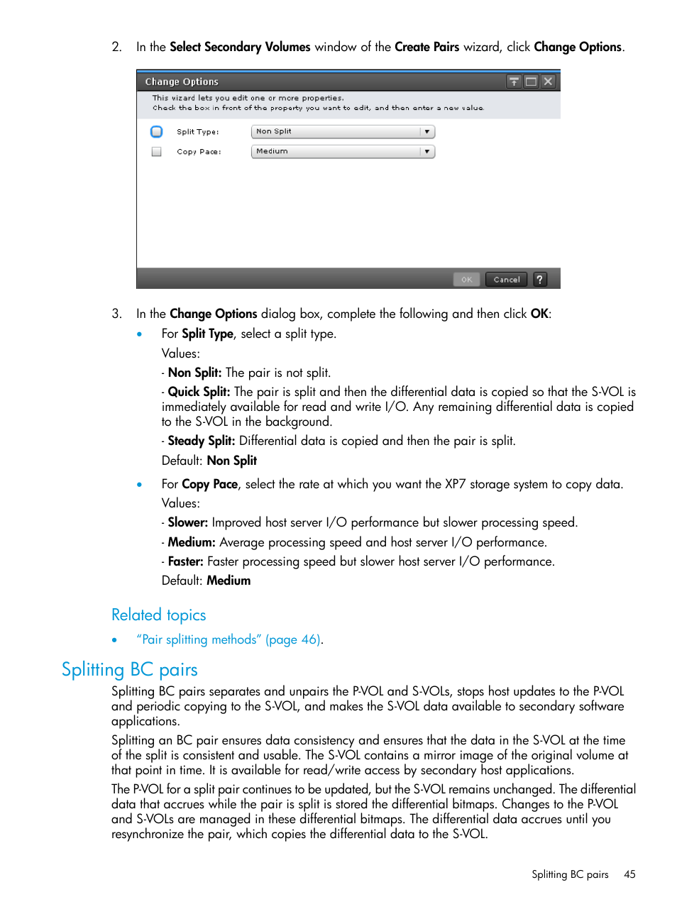 Splitting bc pairs, Related topics | HP XP Racks User Manual | Page 45 / 131