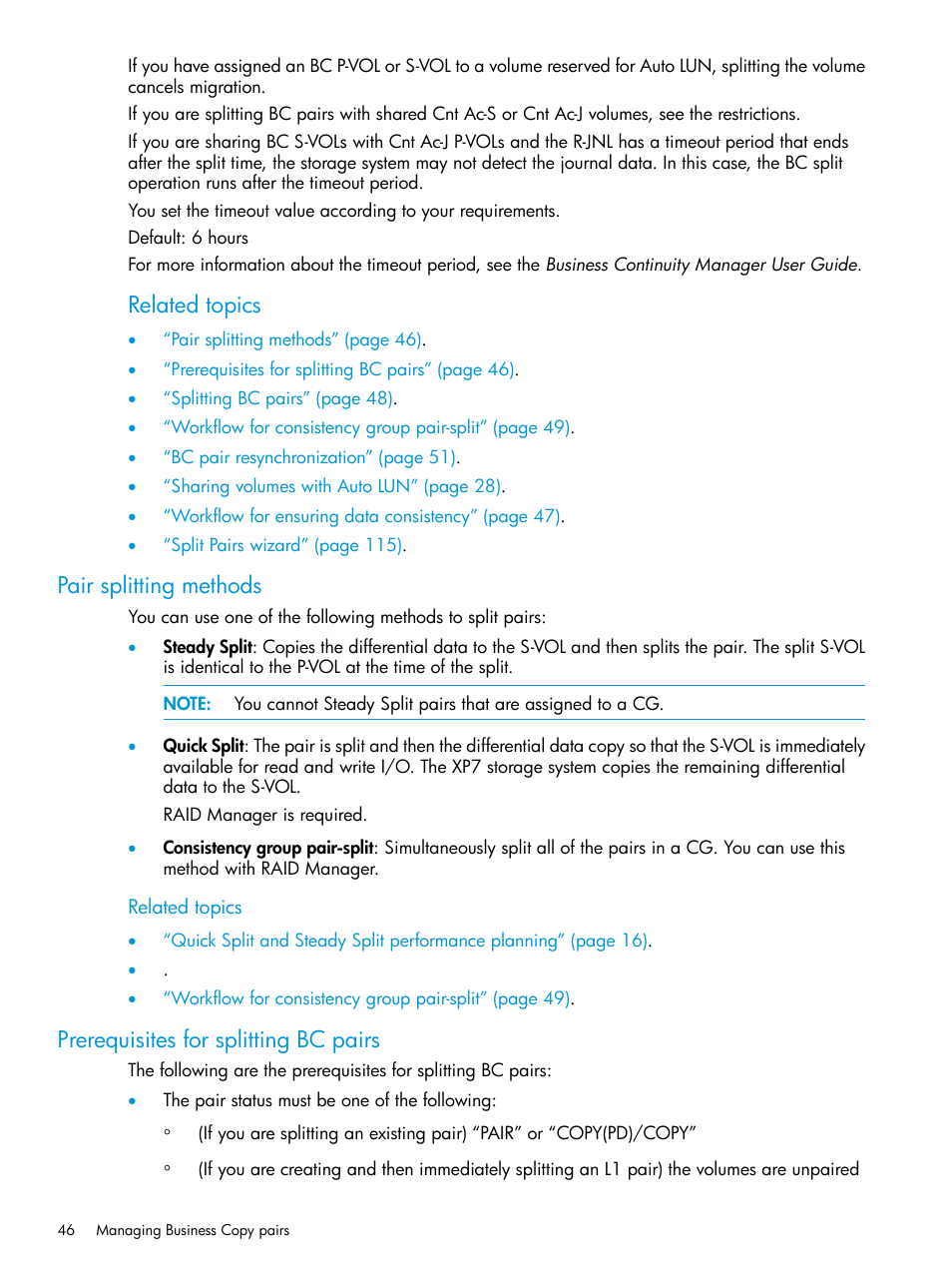 Pair splitting methods, Prerequisites for splitting bc pairs, Pair splitting | Related topics | HP XP Racks User Manual | Page 46 / 131