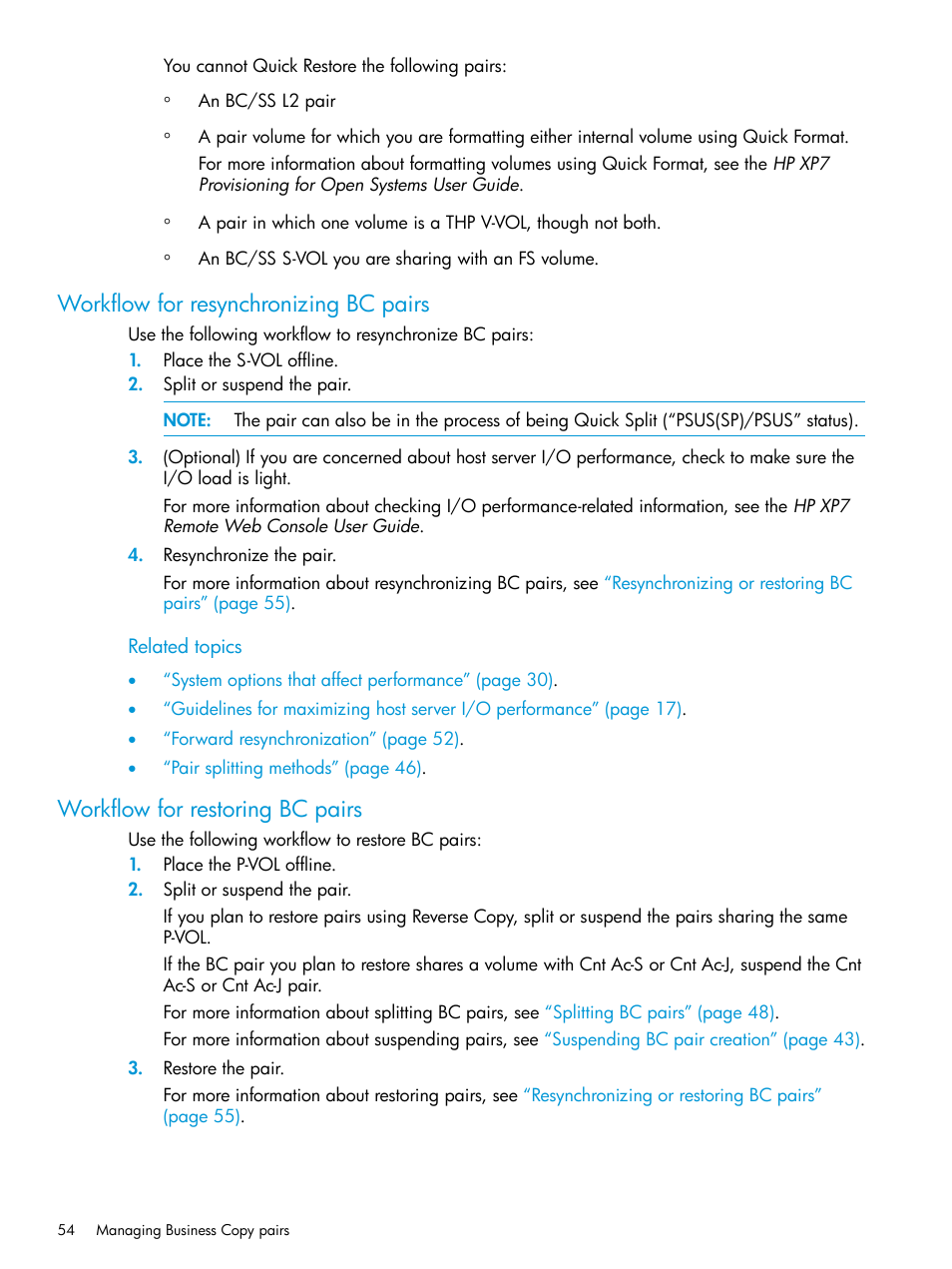 Workflow for resynchronizing bc pairs, Workflow for restoring bc pairs | HP XP Racks User Manual | Page 54 / 131
