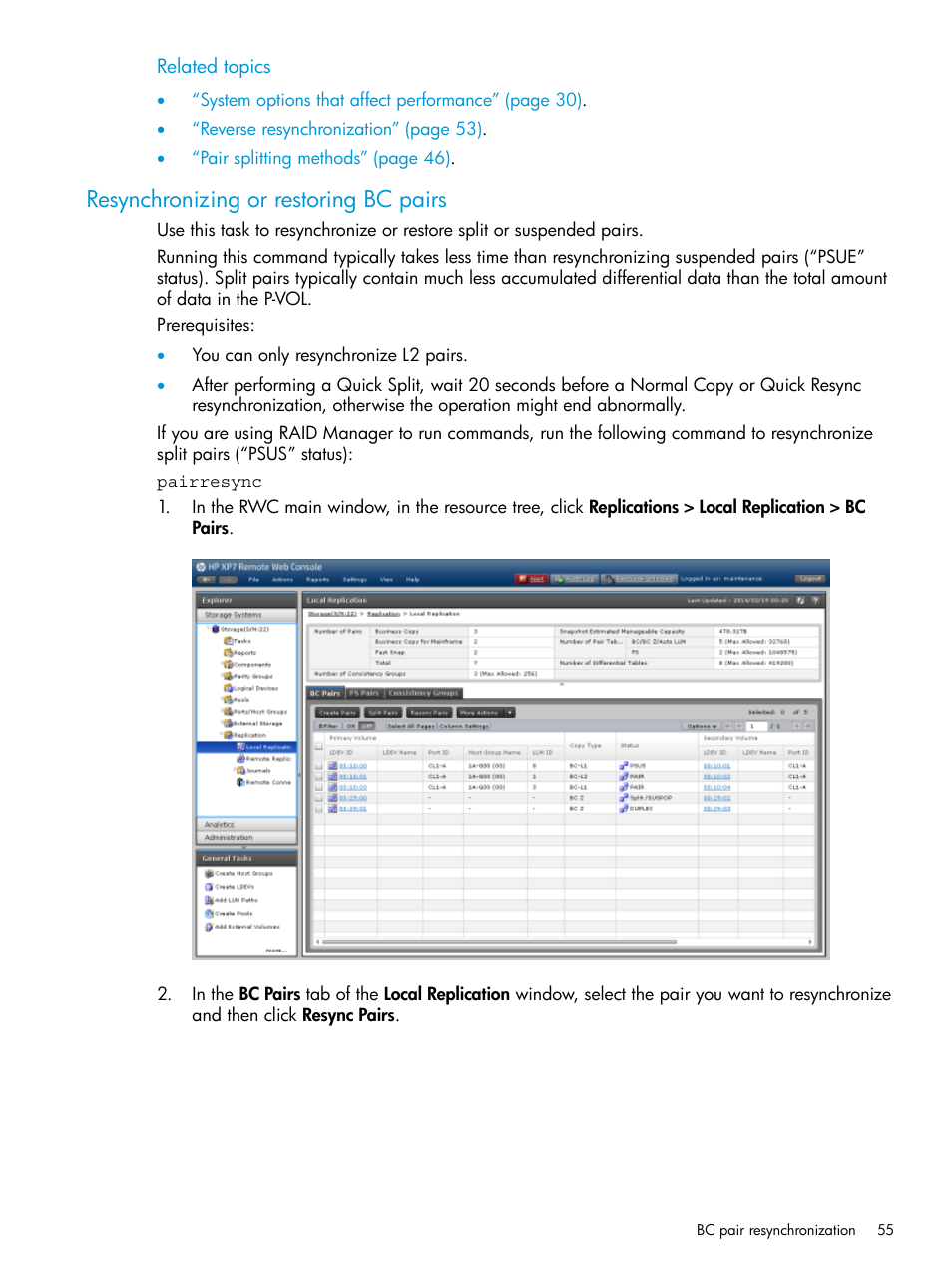 Resynchronizing or restoring bc pairs, Resynchronizing or, Resynchronizing or restoring bc | HP XP Racks User Manual | Page 55 / 131