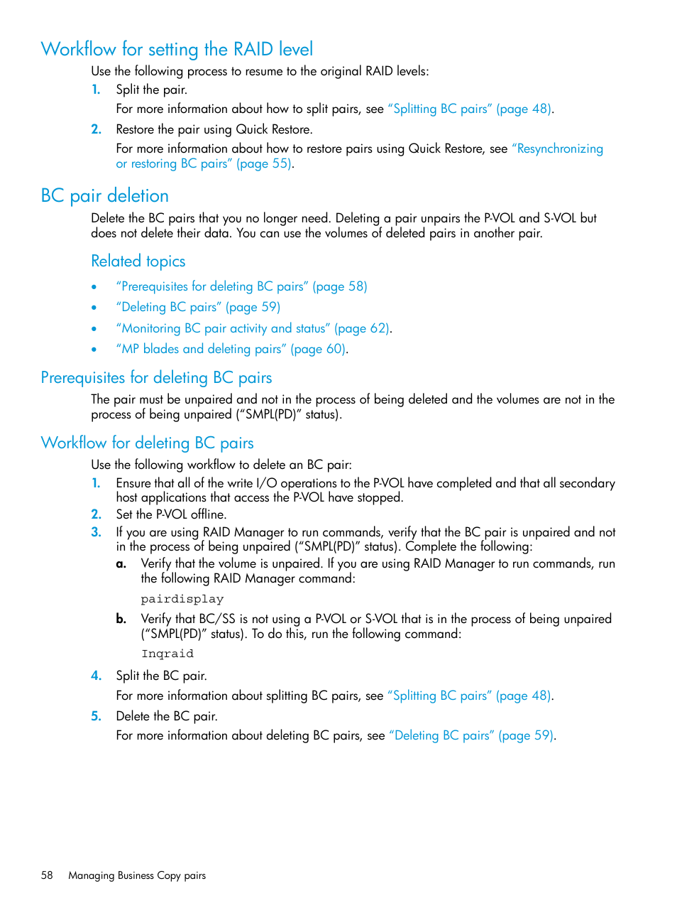 Workflow for setting the raid level, Bc pair deletion, Prerequisites for deleting bc pairs | Workflow for deleting bc pairs, Related topics | HP XP Racks User Manual | Page 58 / 131