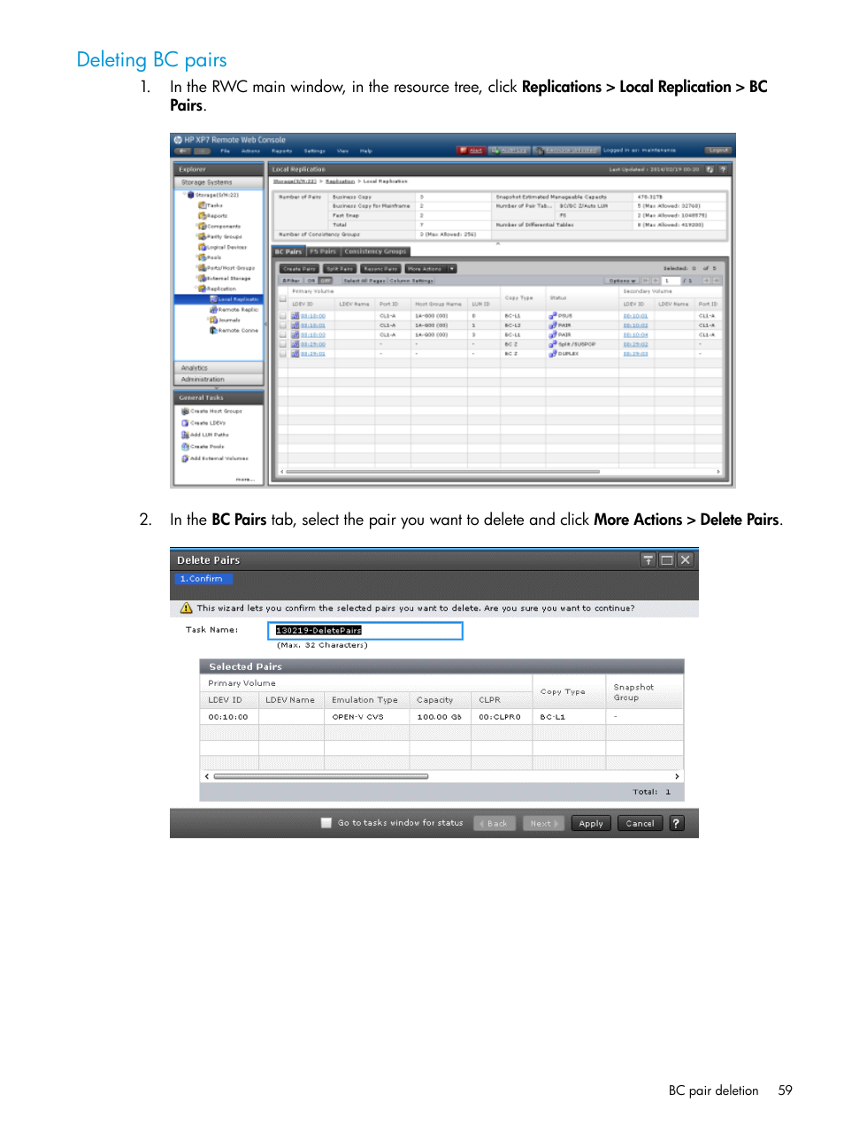 Deleting bc pairs, Deleting | HP XP Racks User Manual | Page 59 / 131