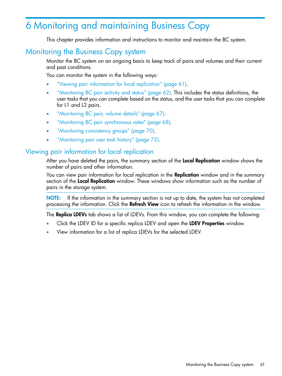 6 monitoring and maintaining business copy, Monitoring the business copy system, Viewing pair information for local replication | HP XP Racks User Manual | Page 61 / 131