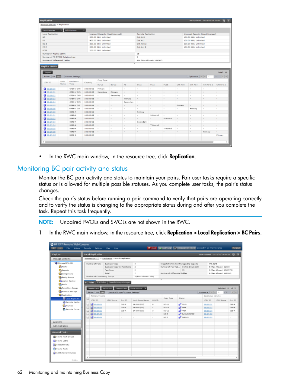Monitoring bc pair activity and status, Monitoring bc pair activity and | HP XP Racks User Manual | Page 62 / 131