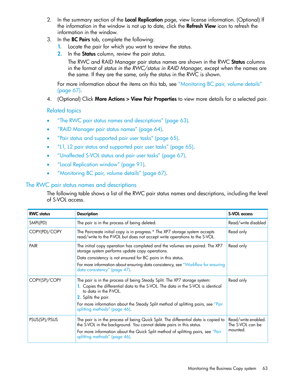 The rwc pair status names and descriptions, The rwc pair status names and | HP XP Racks User Manual | Page 63 / 131