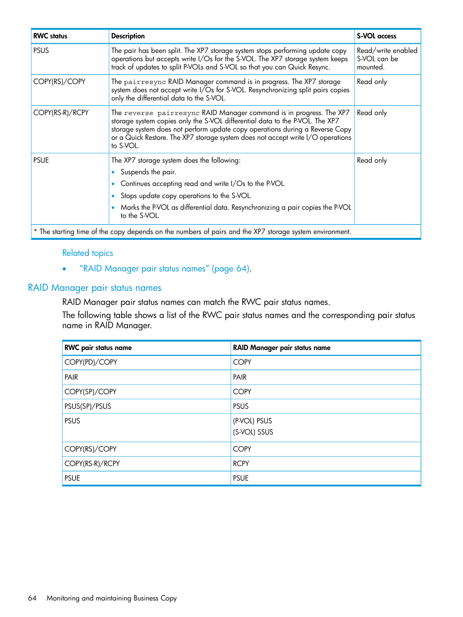 Raid manager pair status names | HP XP Racks User Manual | Page 64 / 131