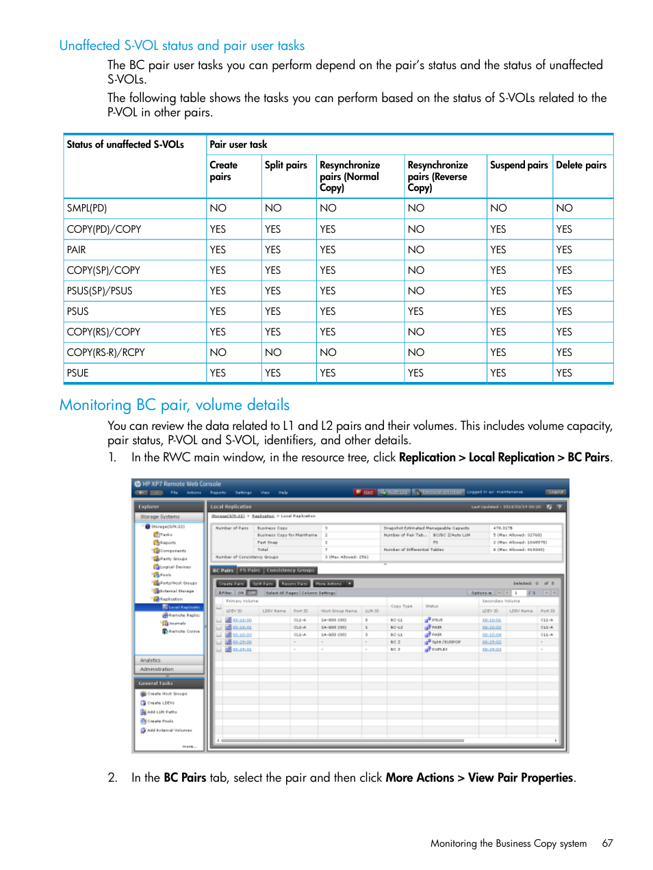 Unaffected s-vol status and pair user tasks, Monitoring bc pair, volume details | HP XP Racks User Manual | Page 67 / 131