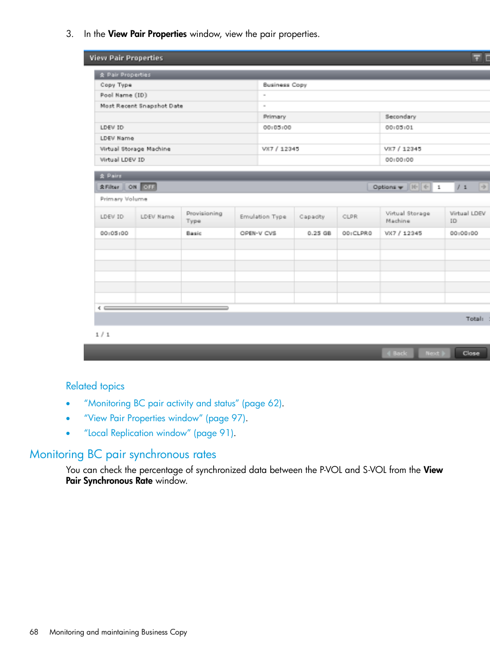 Monitoring bc pair synchronous rates | HP XP Racks User Manual | Page 68 / 131