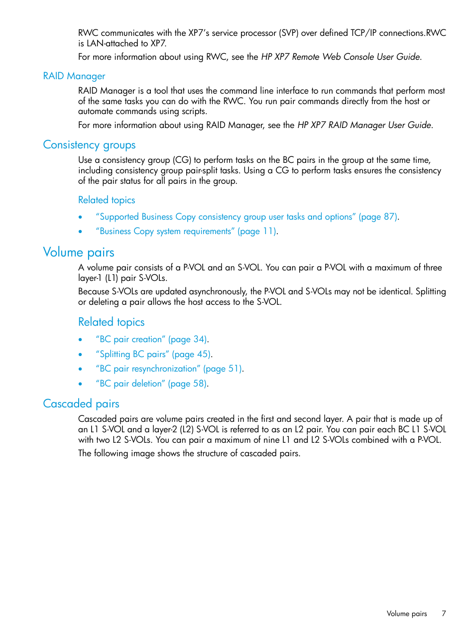 Raid manager, Consistency groups, Volume pairs | Cascaded pairs, Related topics | HP XP Racks User Manual | Page 7 / 131