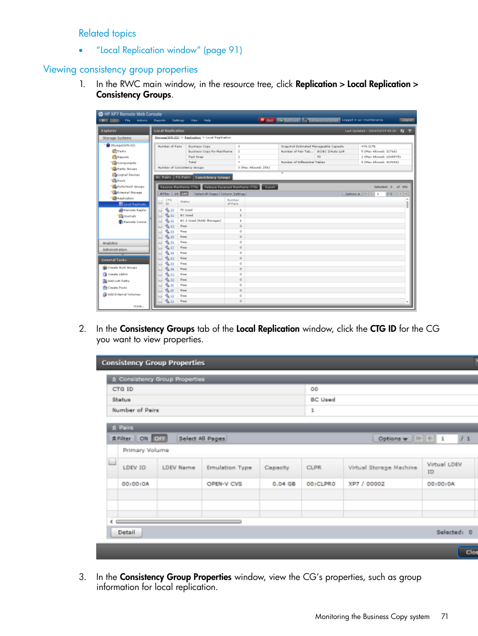 Viewing consistency group properties, Viewing consistency group | HP XP Racks User Manual | Page 71 / 131