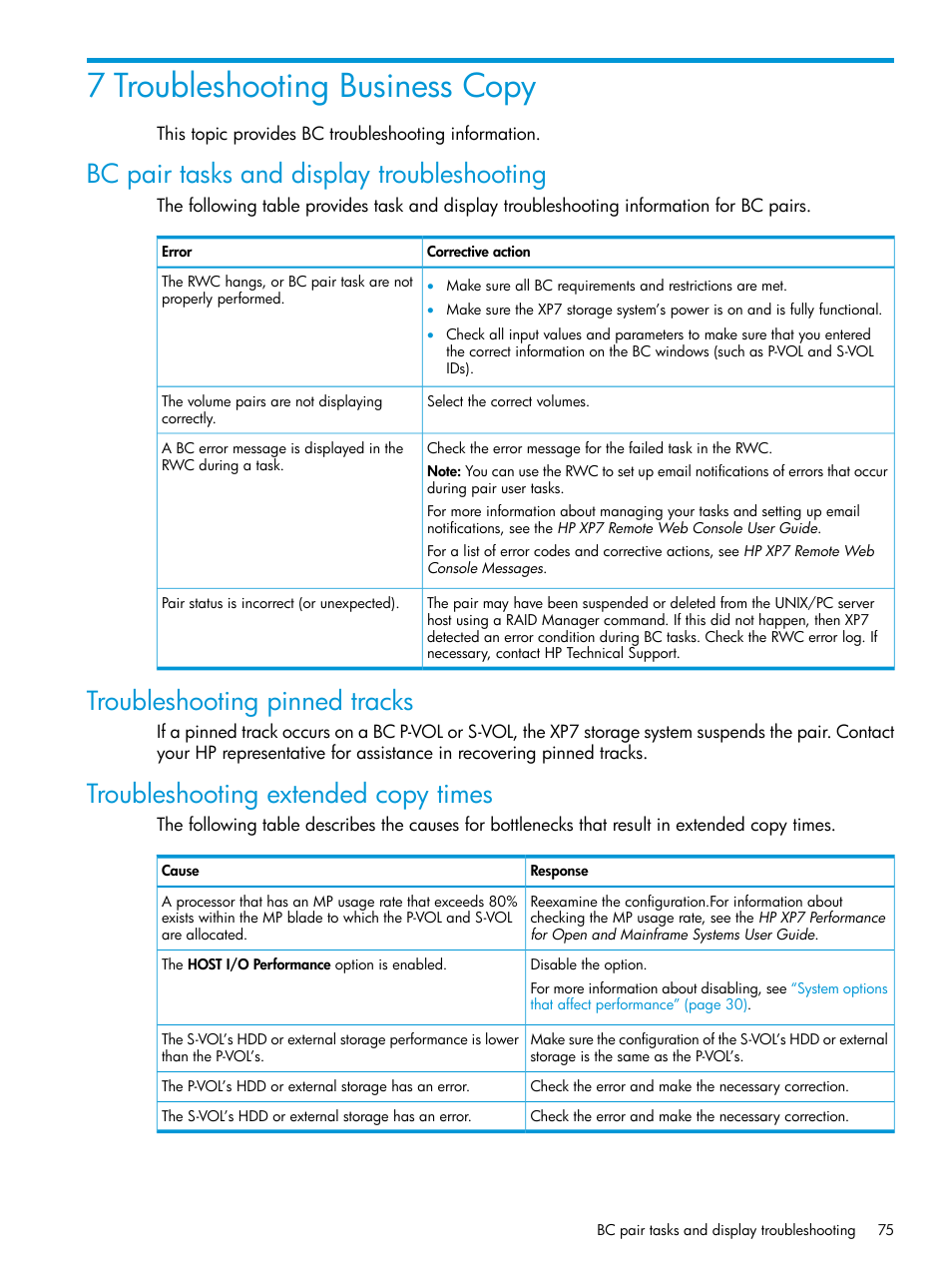 7 troubleshooting business copy, Bc pair tasks and display troubleshooting, Troubleshooting pinned tracks | Troubleshooting extended copy times | HP XP Racks User Manual | Page 75 / 131