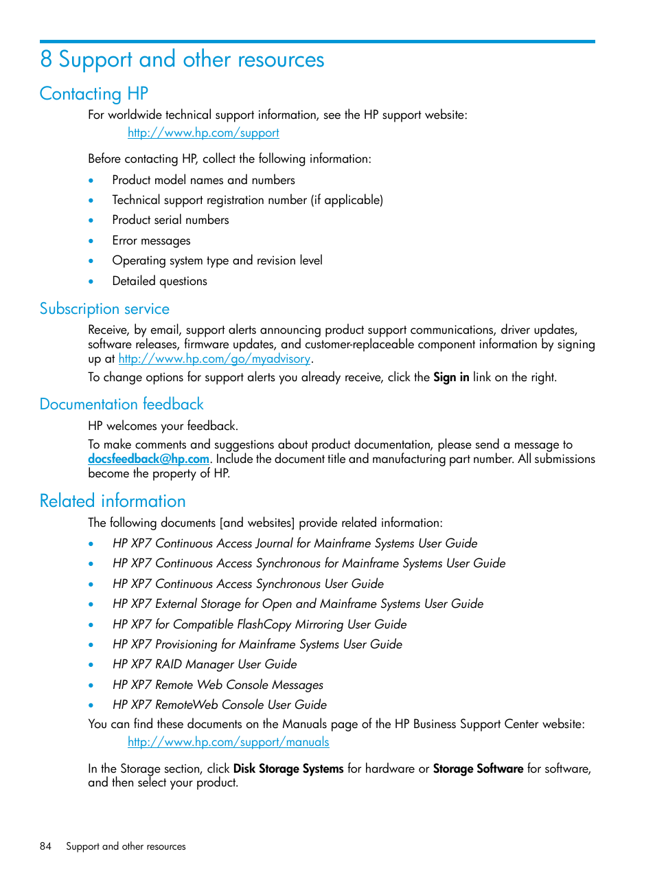 8 support and other resources, Contacting hp, Subscription service | Documentation feedback, Related information, Subscription service documentation feedback | HP XP Racks User Manual | Page 84 / 131