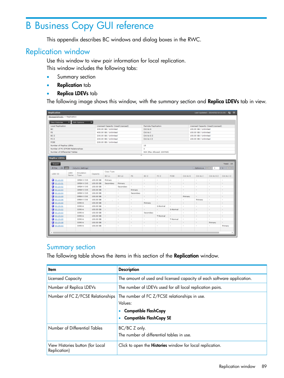 B business copy gui reference, Replication window | HP XP Racks User Manual | Page 89 / 131