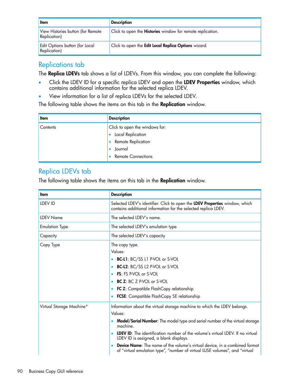 Replications tab, Replica ldevs tab | HP XP Racks User Manual | Page 90 / 131