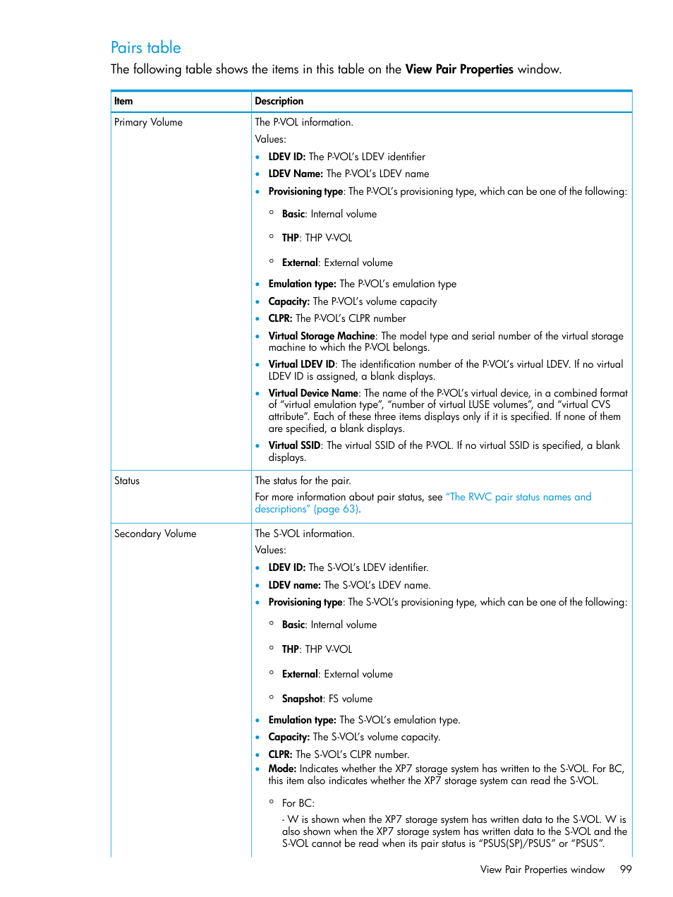 Pairs table | HP XP Racks User Manual | Page 99 / 131