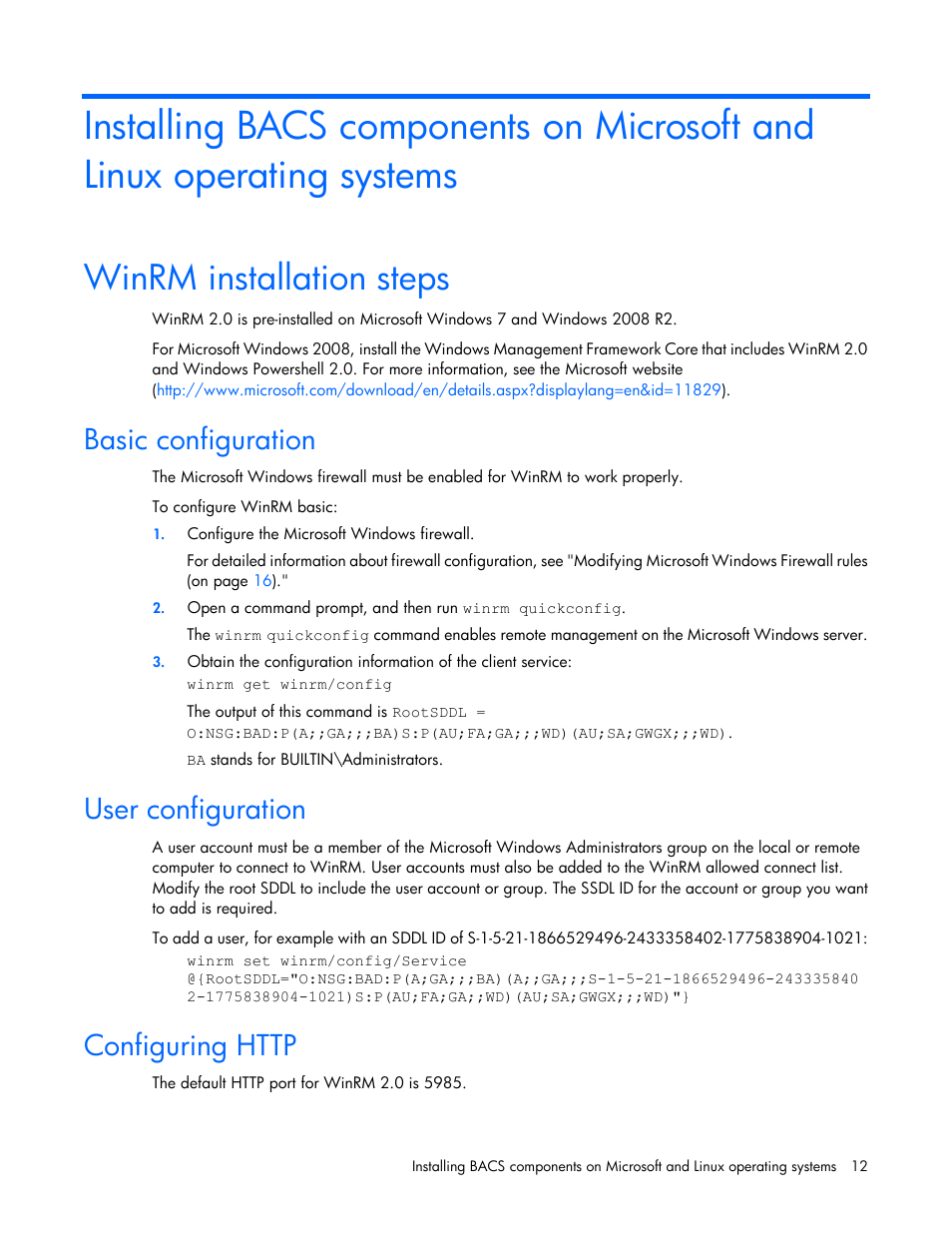 Winrm installation steps, Basic configuration, User configuration | Configuring http | HP StoreFabric Converged Network Adapters User Manual | Page 12 / 48