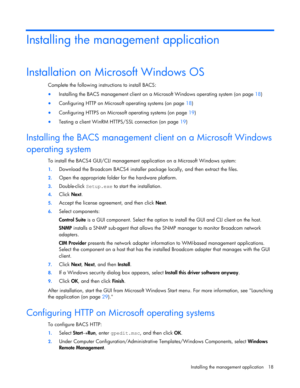Installing the management application, Installation on microsoft windows os, Configuring http on microsoft operating systems | HP StoreFabric Converged Network Adapters User Manual | Page 18 / 48