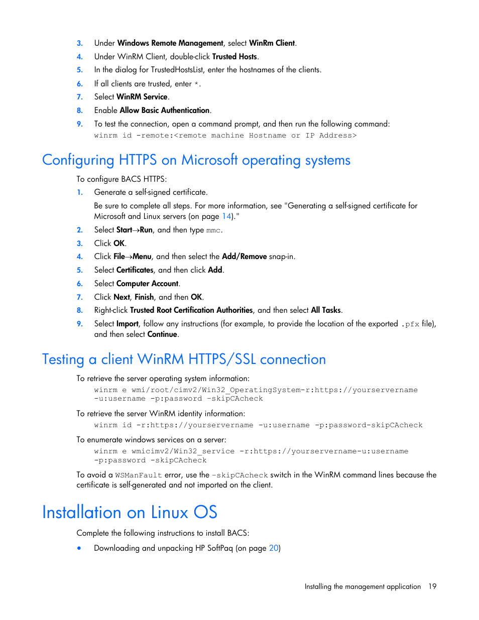 Configuring https on microsoft operating systems, Testing a client winrm https/ssl connection, Installation on linux os | HP StoreFabric Converged Network Adapters User Manual | Page 19 / 48