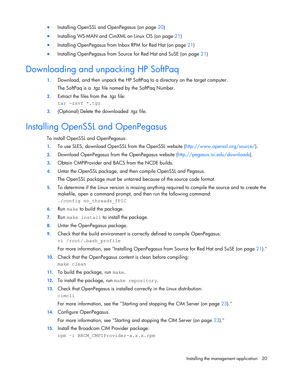 Downloading and unpacking hp softpaq, Installing openssl and openpegasus | HP StoreFabric Converged Network Adapters User Manual | Page 20 / 48