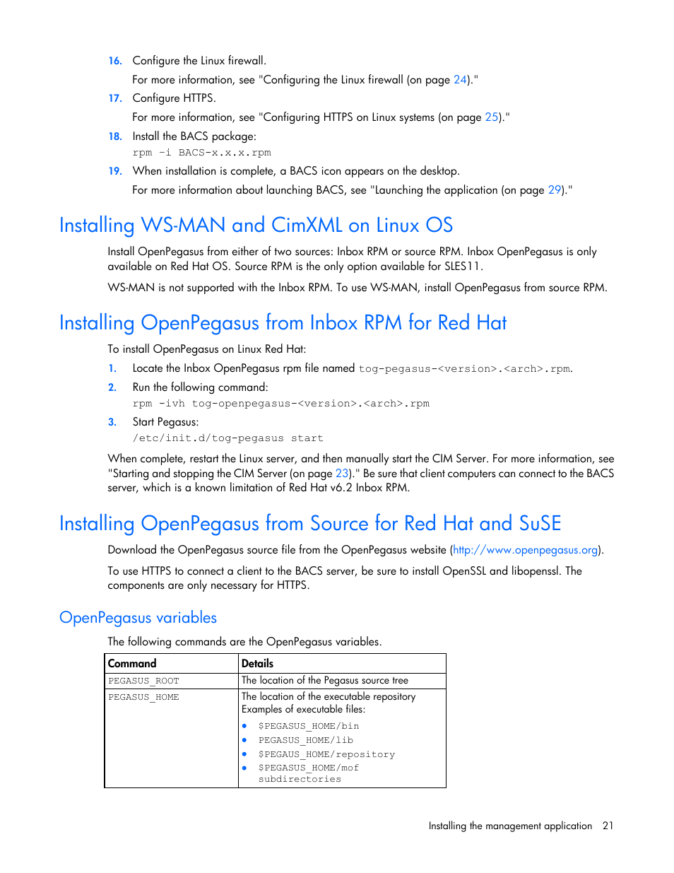 Installing ws-man and cimxml on linux os, Installing openpegasus from inbox rpm for red hat, Openpegasus variables | HP StoreFabric Converged Network Adapters User Manual | Page 21 / 48