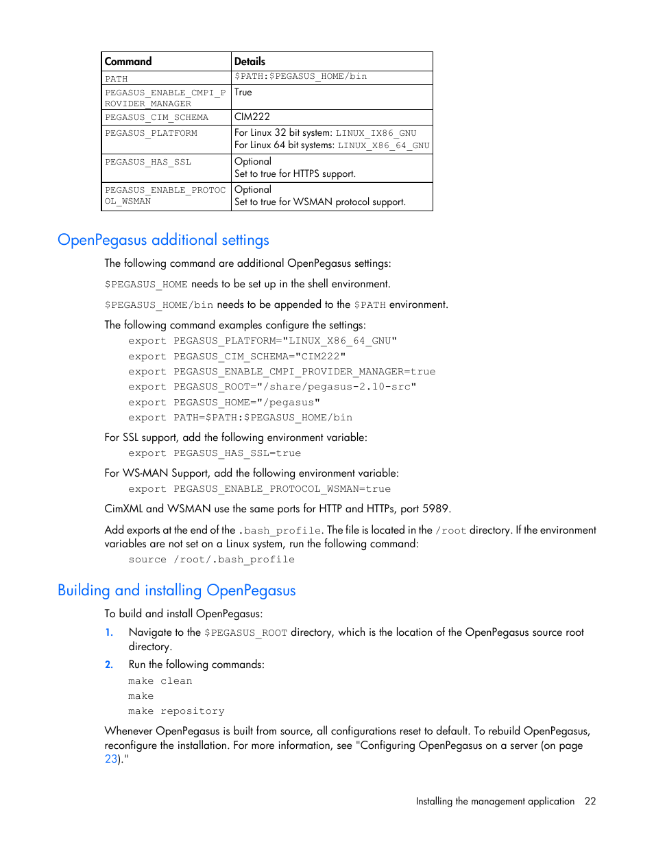 Openpegasus additional settings, Building and installing openpegasus | HP StoreFabric Converged Network Adapters User Manual | Page 22 / 48