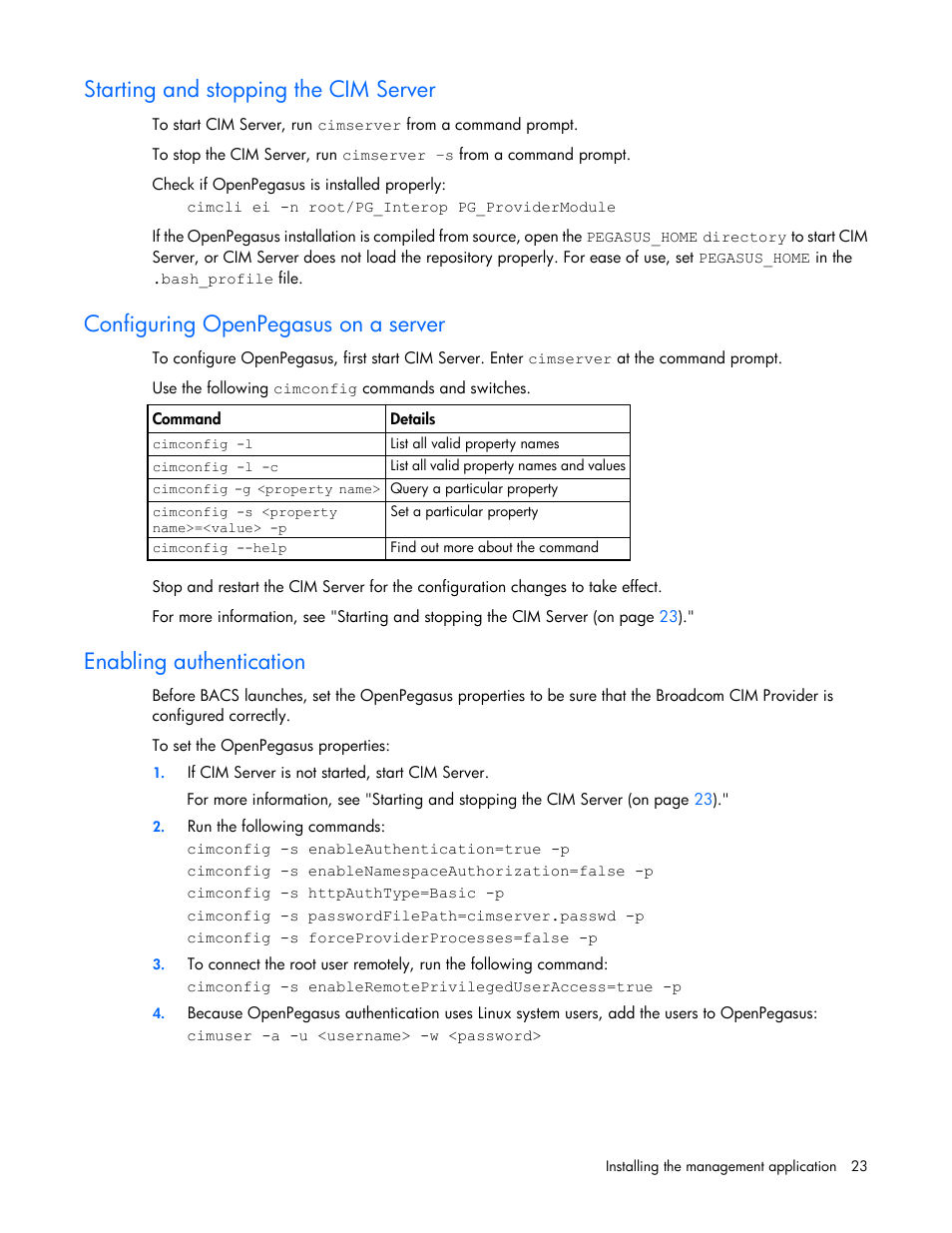 Starting and stopping the cim server, Configuring openpegasus on a server, Enabling authentication | HP StoreFabric Converged Network Adapters User Manual | Page 23 / 48