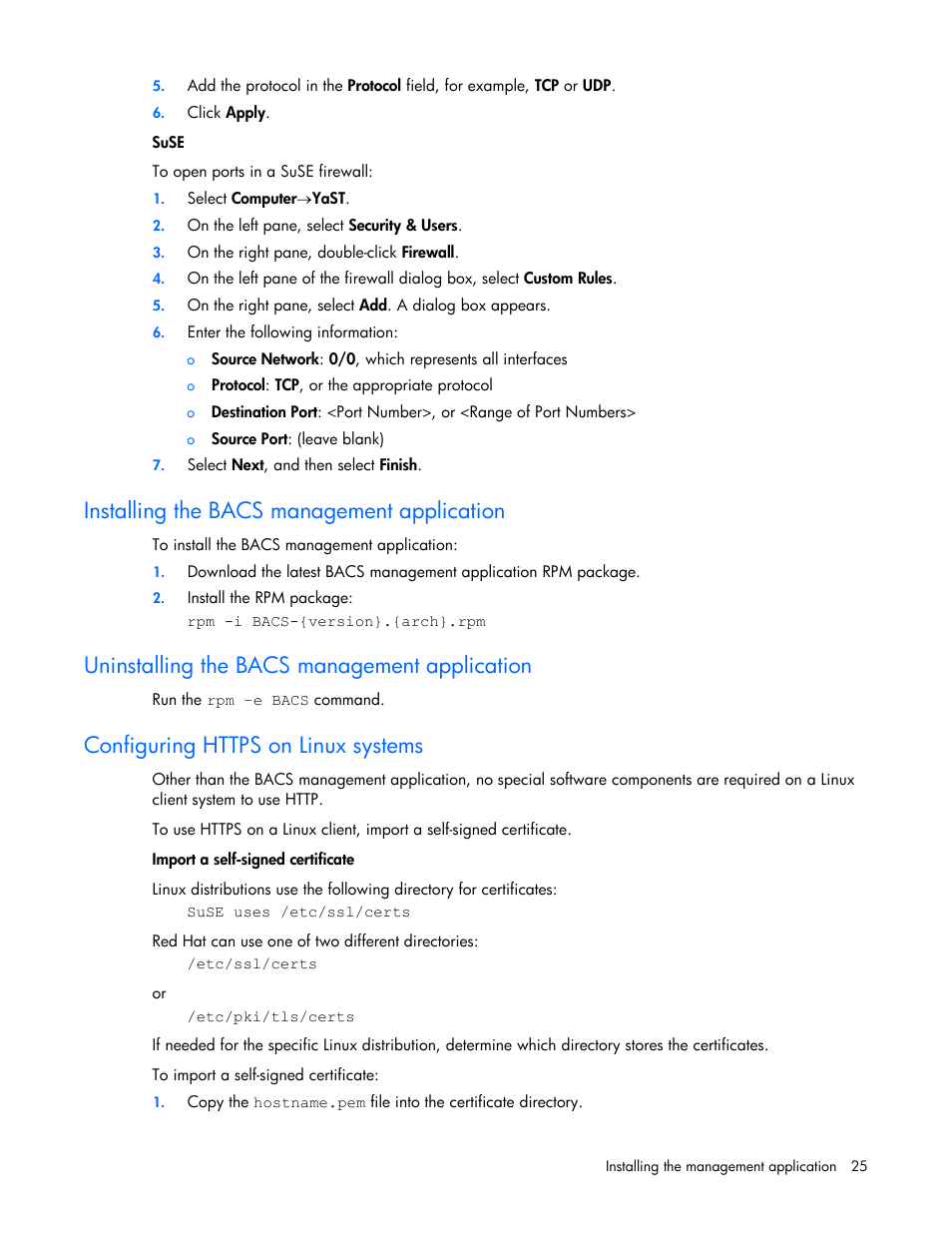 Installing the bacs management application, Uninstalling the bacs management application, Configuring https on linux systems | HP StoreFabric Converged Network Adapters User Manual | Page 25 / 48