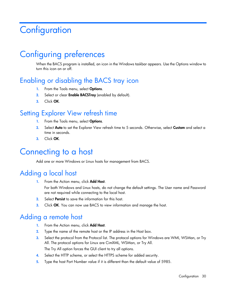 Configuration, Configuring preferences, Enabling or disabling the bacs tray icon | Setting explorer view refresh time, Connecting to a host, Adding a local host, Adding a remote host | HP StoreFabric Converged Network Adapters User Manual | Page 30 / 48