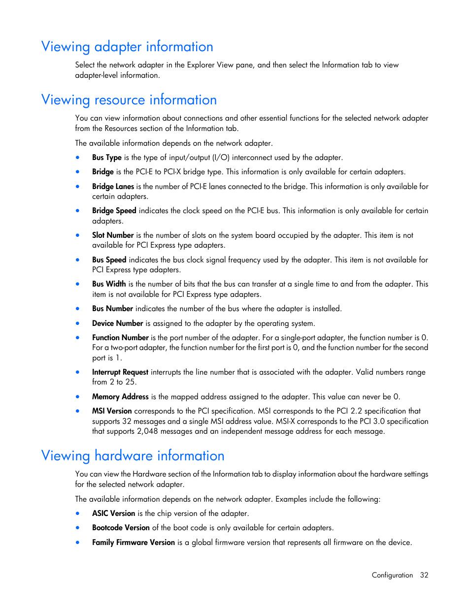 Viewing adapter information, Viewing resource information, Viewing hardware information | HP StoreFabric Converged Network Adapters User Manual | Page 32 / 48