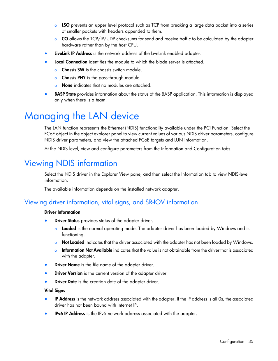 Managing the lan device, Viewing ndis information | HP StoreFabric Converged Network Adapters User Manual | Page 35 / 48