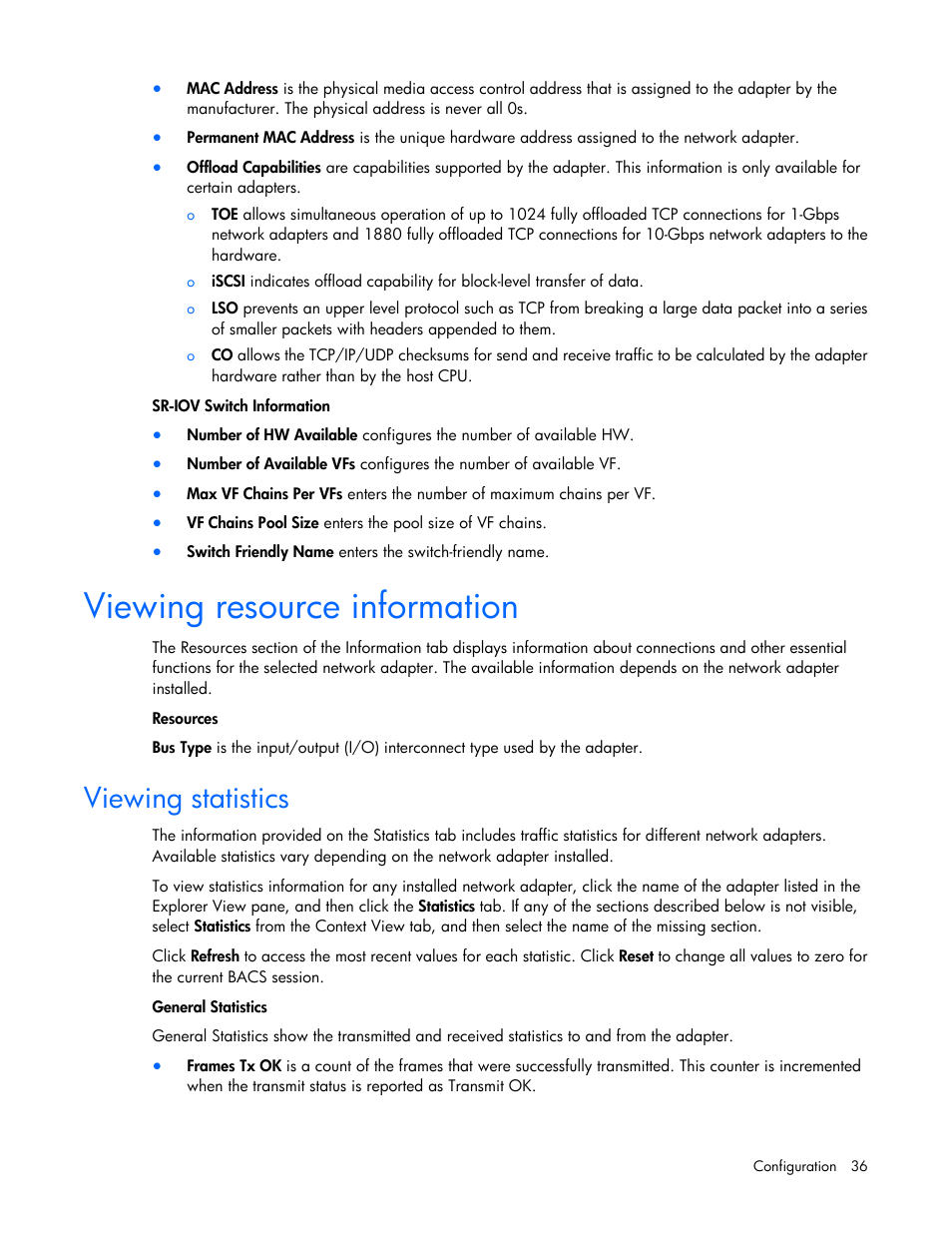Viewing resource information, Viewing statistics | HP StoreFabric Converged Network Adapters User Manual | Page 36 / 48