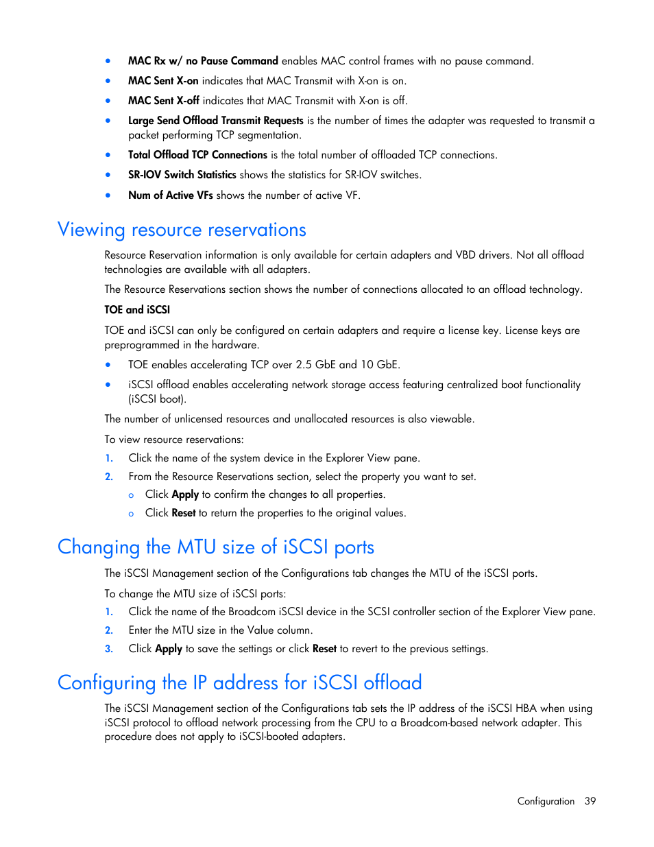 Viewing resource reservations, Changing the mtu size of iscsi ports, Configuring the ip address for iscsi offload | HP StoreFabric Converged Network Adapters User Manual | Page 39 / 48