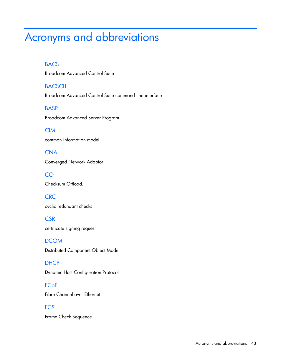 Acronyms and abbreviations | HP StoreFabric Converged Network Adapters User Manual | Page 43 / 48