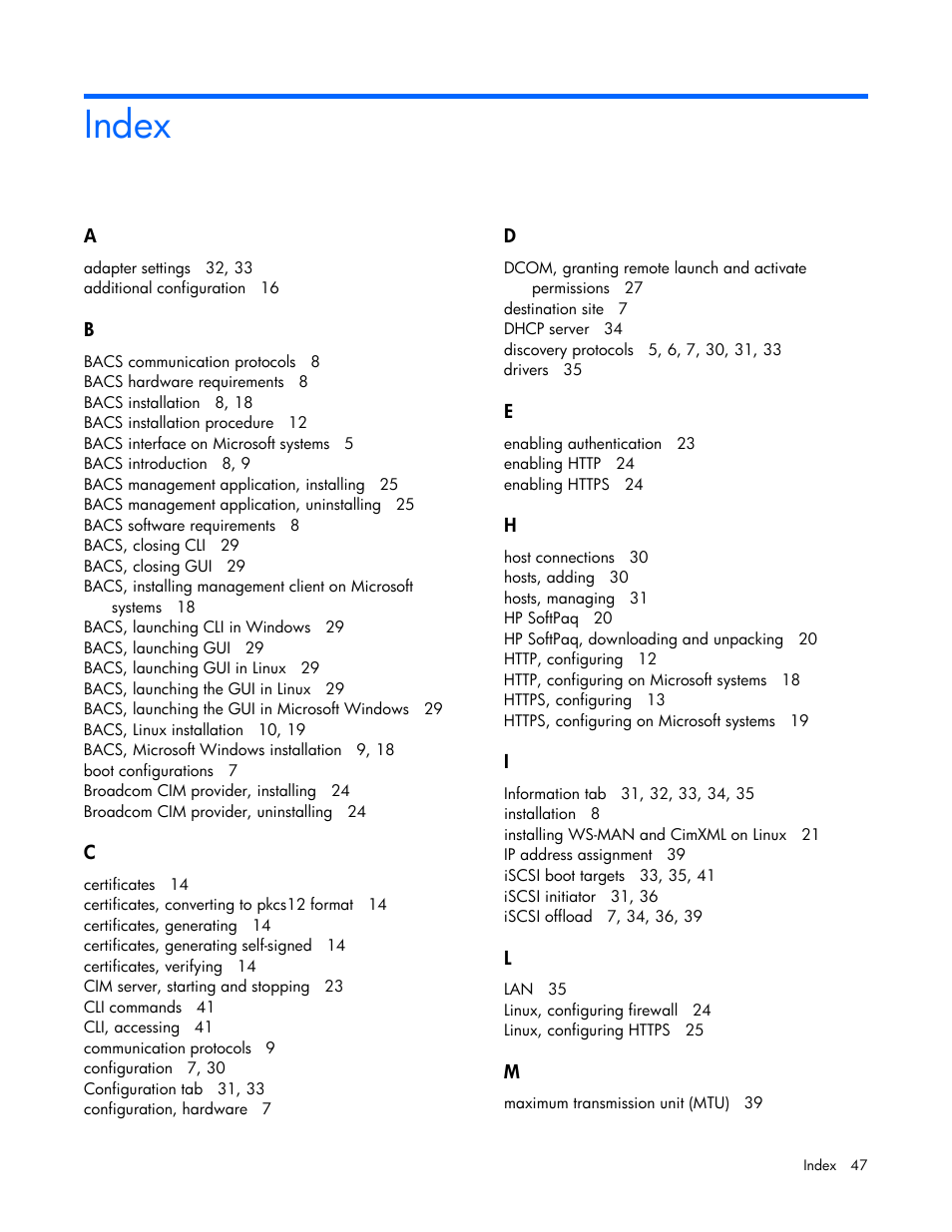 Index | HP StoreFabric Converged Network Adapters User Manual | Page 47 / 48