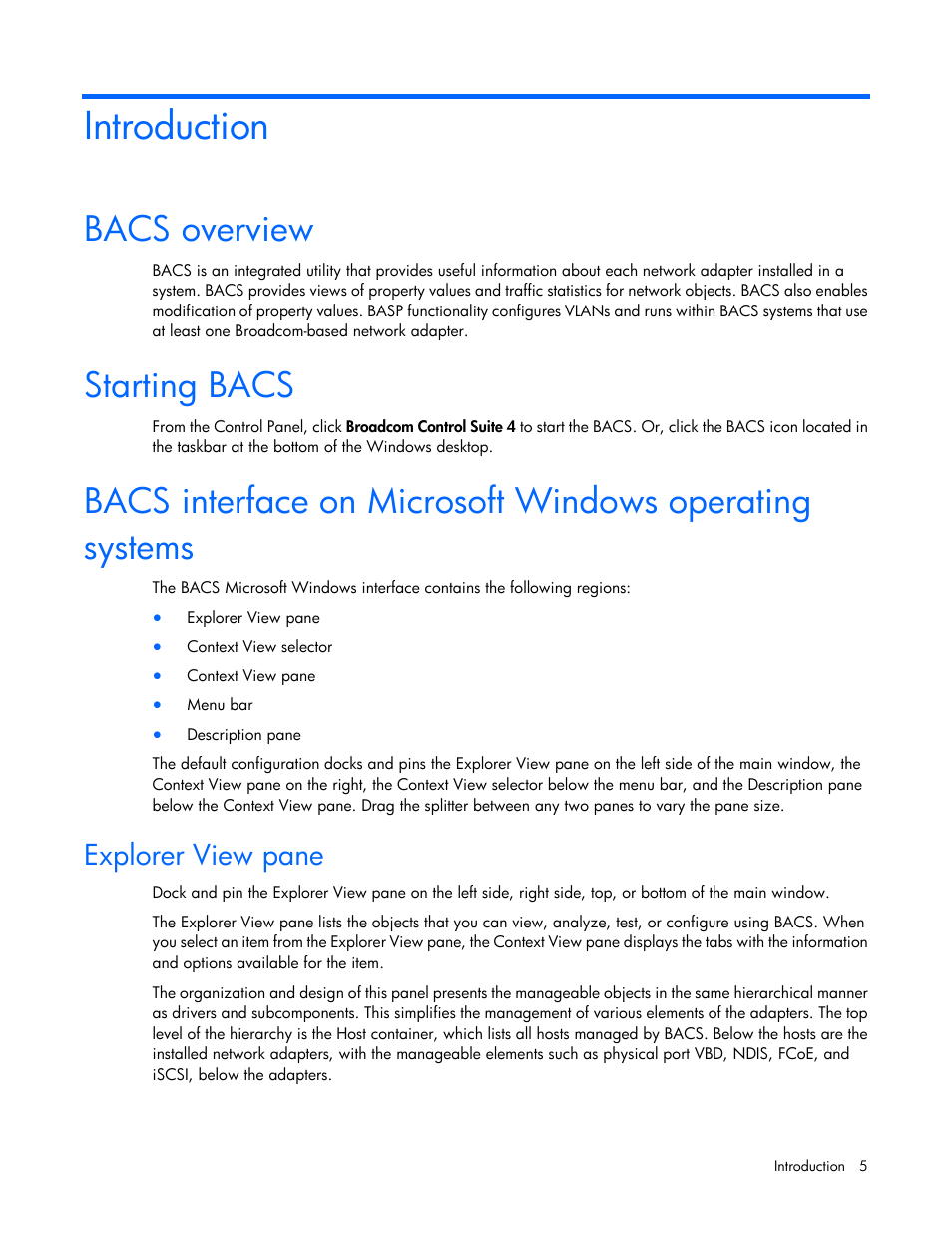 Introduction, Bacs overview, Starting bacs | Explorer view pane | HP StoreFabric Converged Network Adapters User Manual | Page 5 / 48