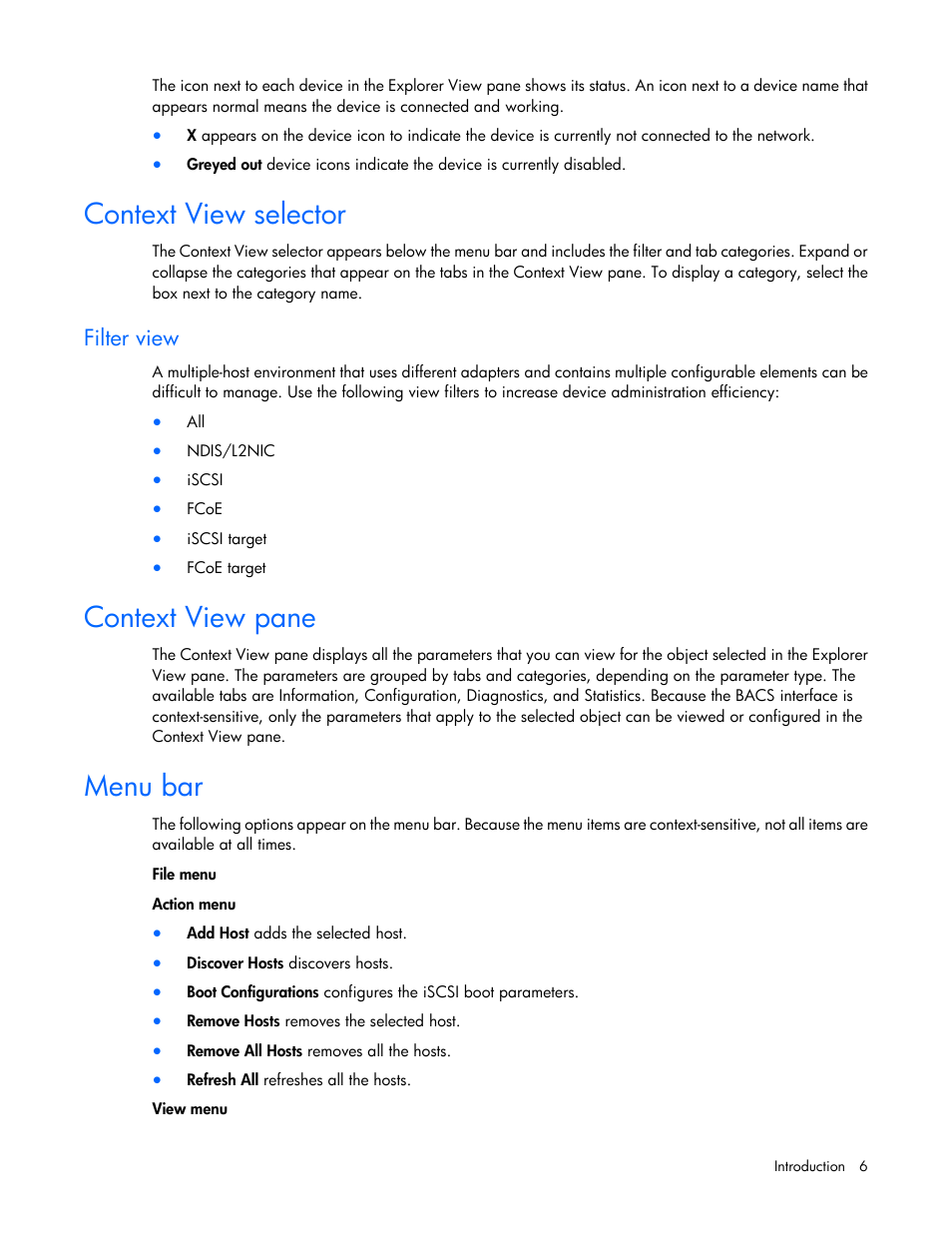 Context view selector, Filter view, Context view pane | Menu bar | HP StoreFabric Converged Network Adapters User Manual | Page 6 / 48