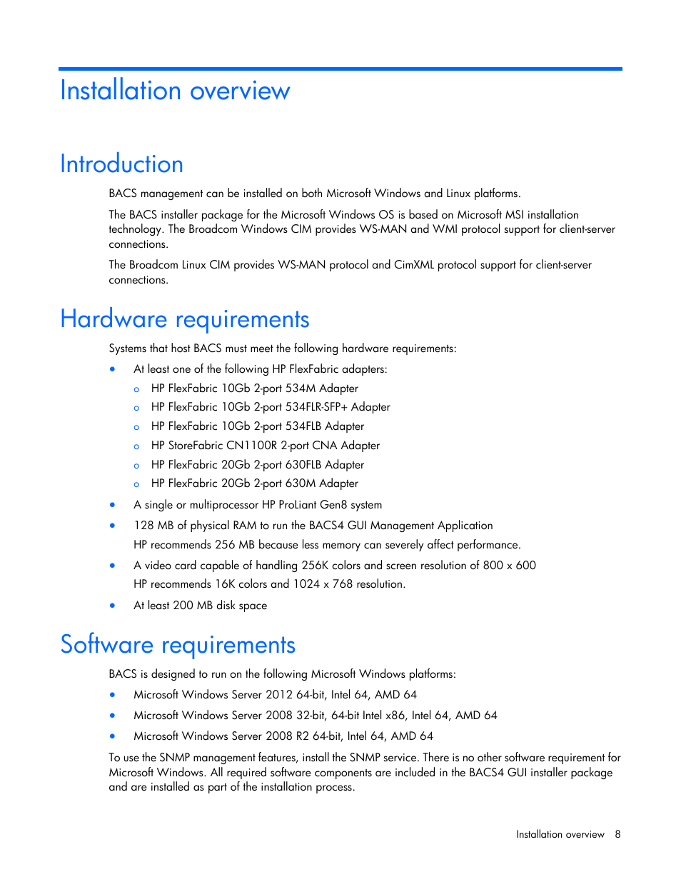 Installation overview, Introduction, Hardware requirements | Software requirements | HP StoreFabric Converged Network Adapters User Manual | Page 8 / 48