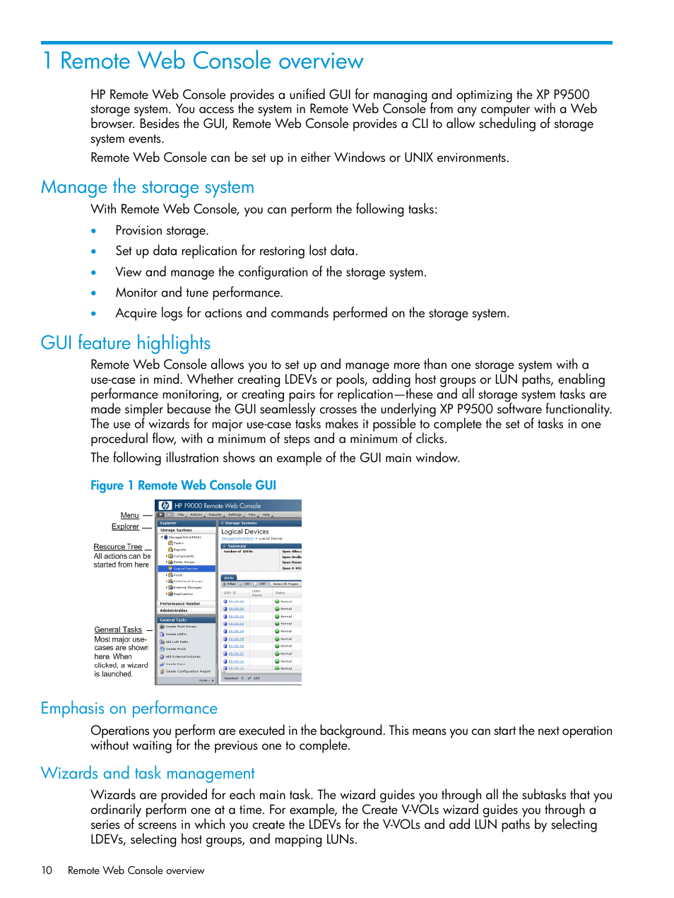 1 remote web console overview, Manage the storage system, Gui feature highlights | Emphasis on performance, Wizards and task management, Manage the storage system gui feature highlights | HP XP P9500 Storage User Manual | Page 10 / 233