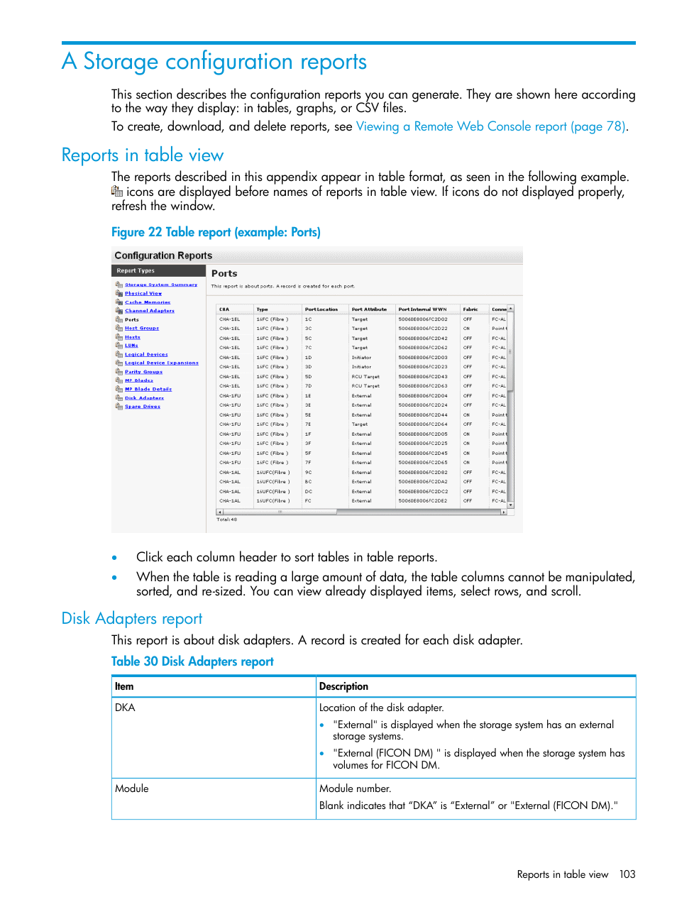 A storage configuration reports, Reports in table view, Disk adapters report | HP XP P9500 Storage User Manual | Page 103 / 233