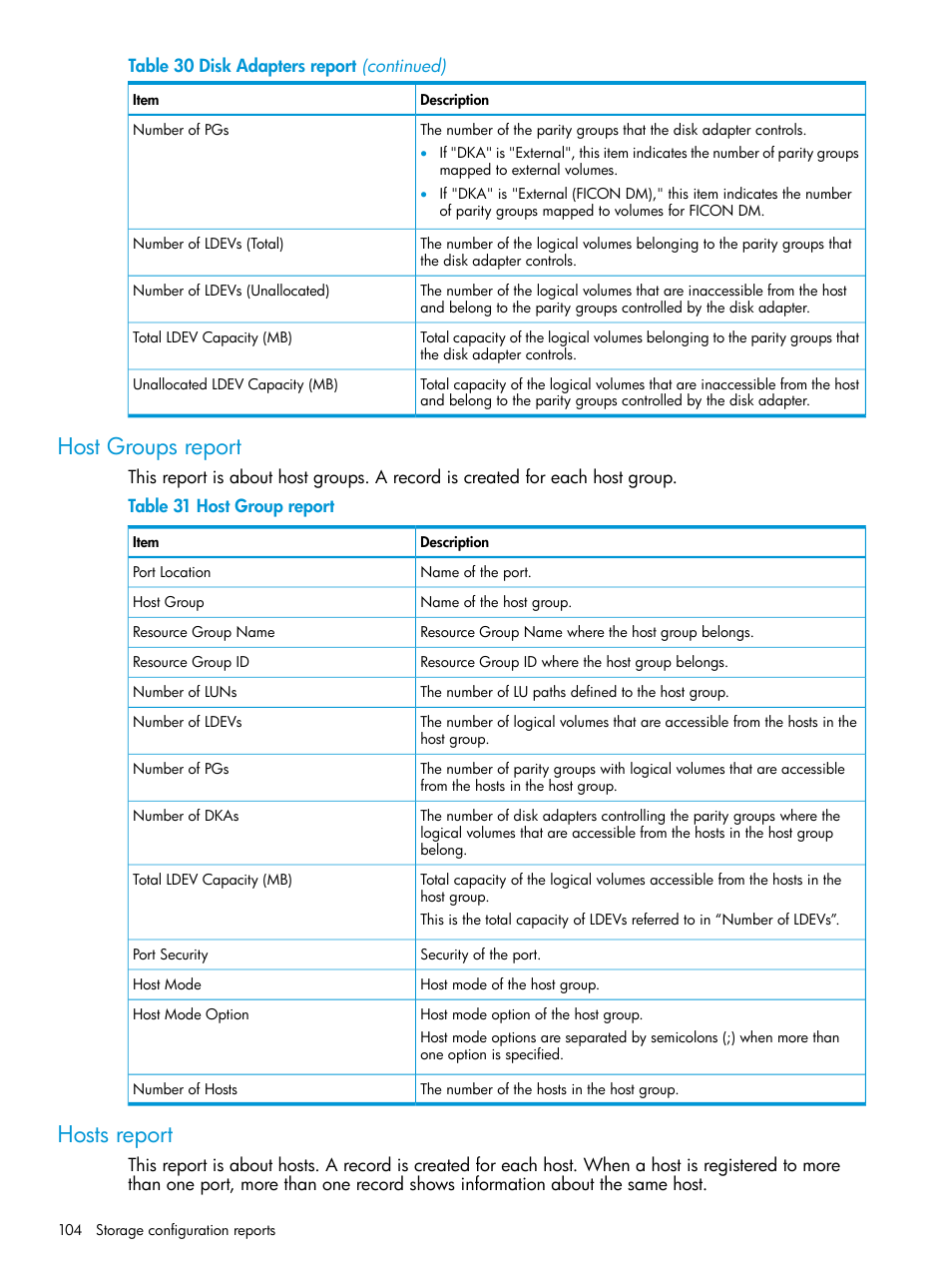 Host groups report, Hosts report, Host groups report hosts report | HP XP P9500 Storage User Manual | Page 104 / 233