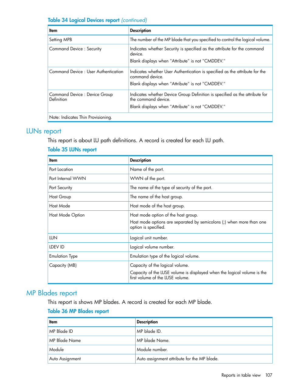 Luns report, Mp blades report, Luns report mp blades report | HP XP P9500 Storage User Manual | Page 107 / 233