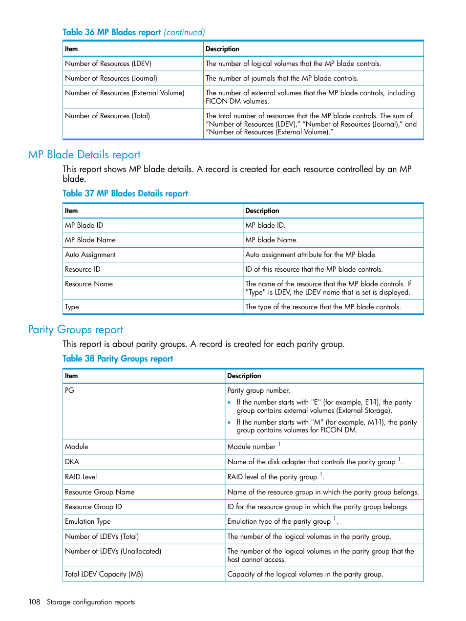 Mp blade details report, Parity groups report, Mp blade details report parity groups report | HP XP P9500 Storage User Manual | Page 108 / 233