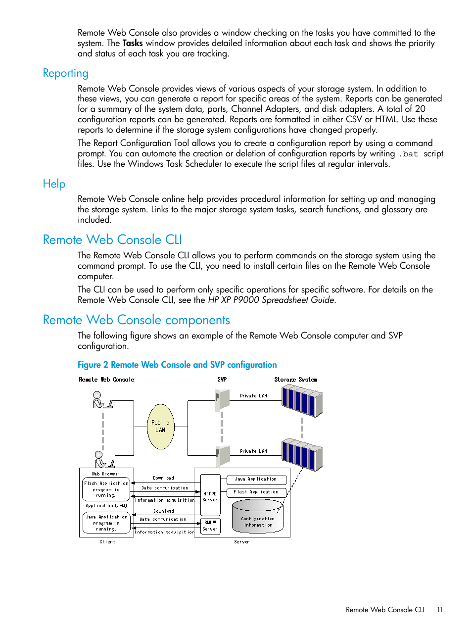 Reporting, Help, Remote web console cli | Remote web console components, Reporting help | HP XP P9500 Storage User Manual | Page 11 / 233